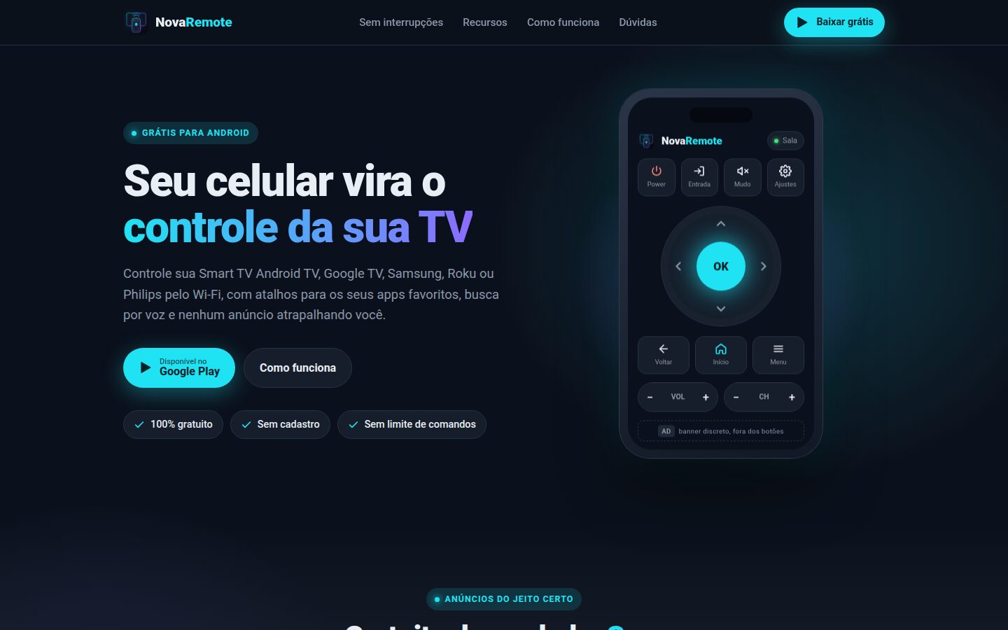 Site do app NovaRemote, controle remoto para Smart TV