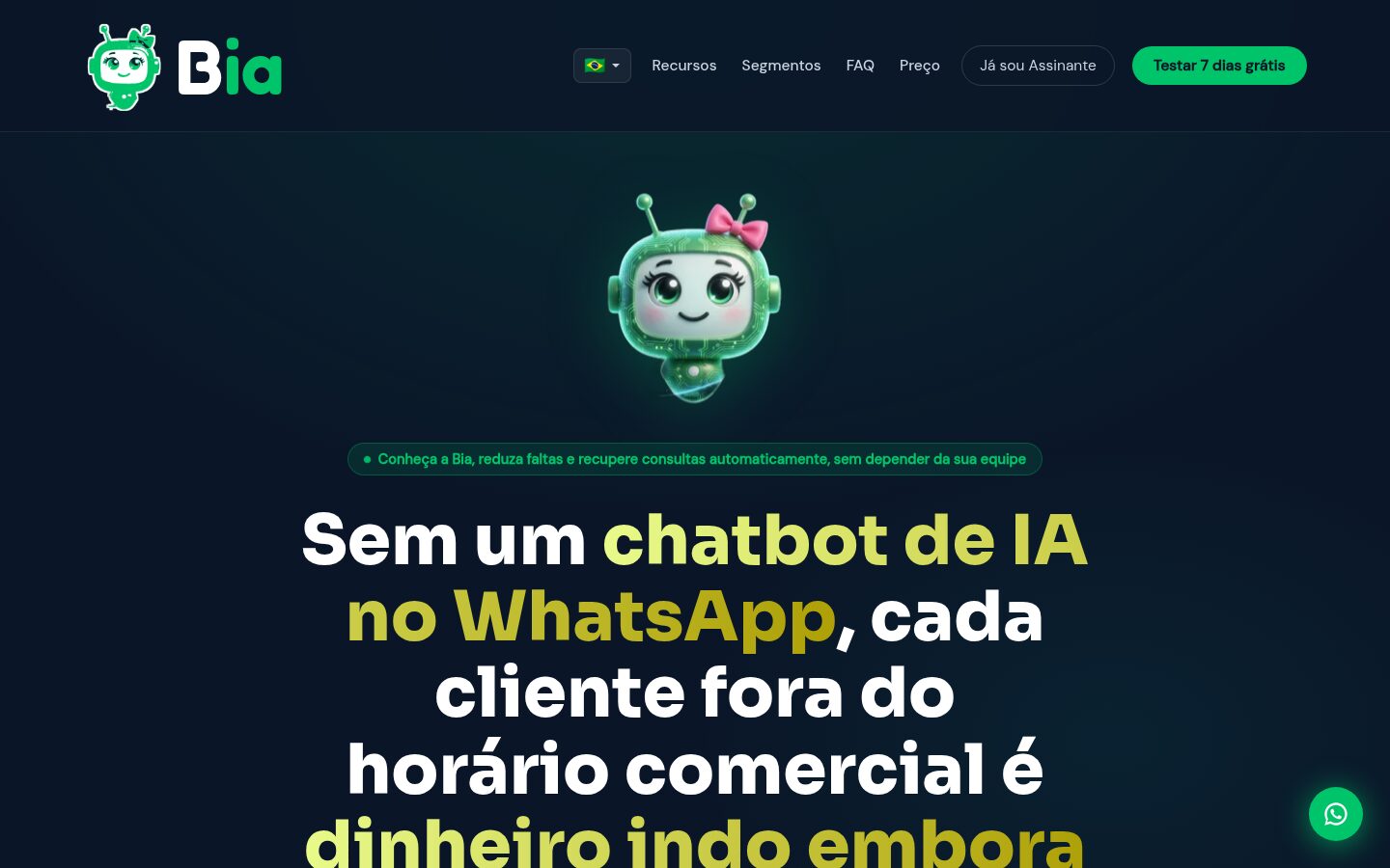 Site da Bia, secretária de IA no WhatsApp